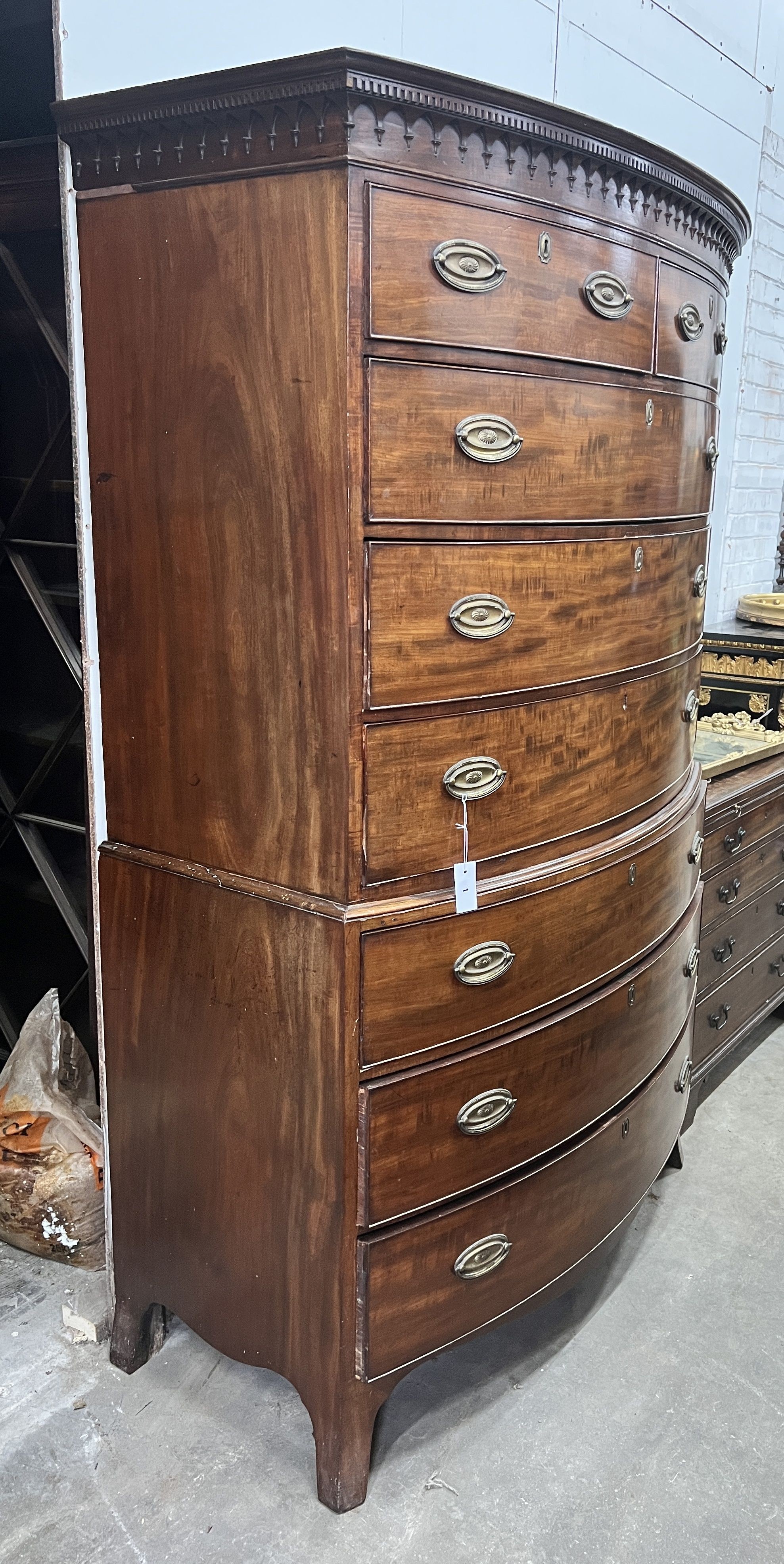 A George IV mahogany bow front chest on chest, width 116cm, depth 65cm, height 193cm